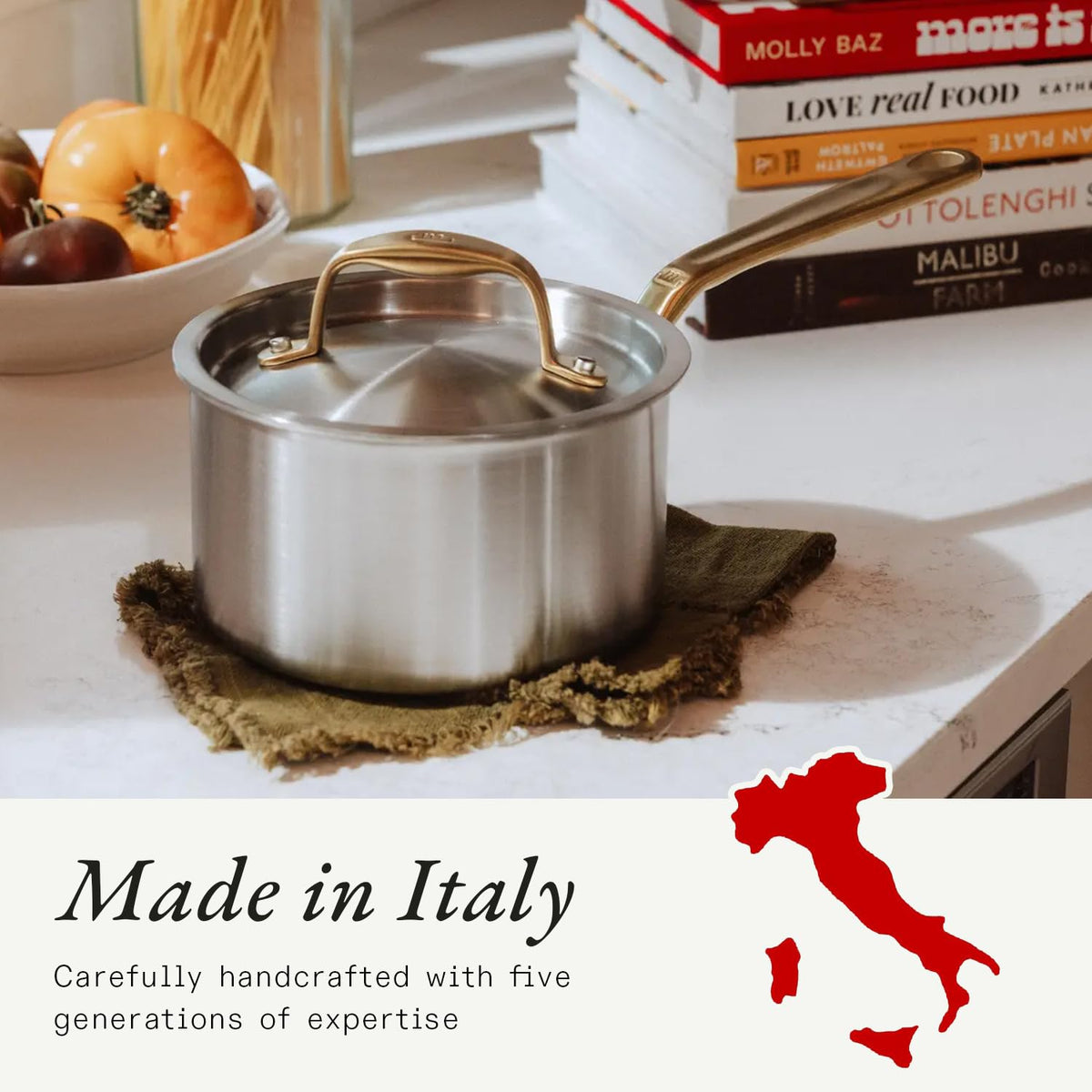 Stainless Steel Saucepan With Antique Brass Handle