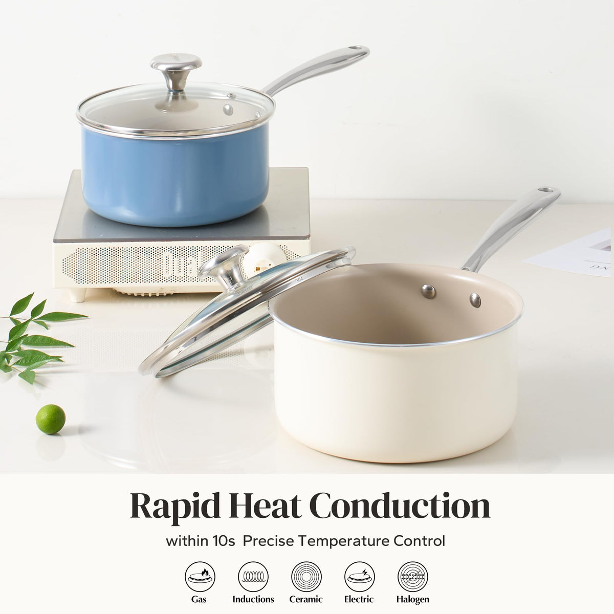 Ceramic Saucepan With Lid & Nonstick Interior