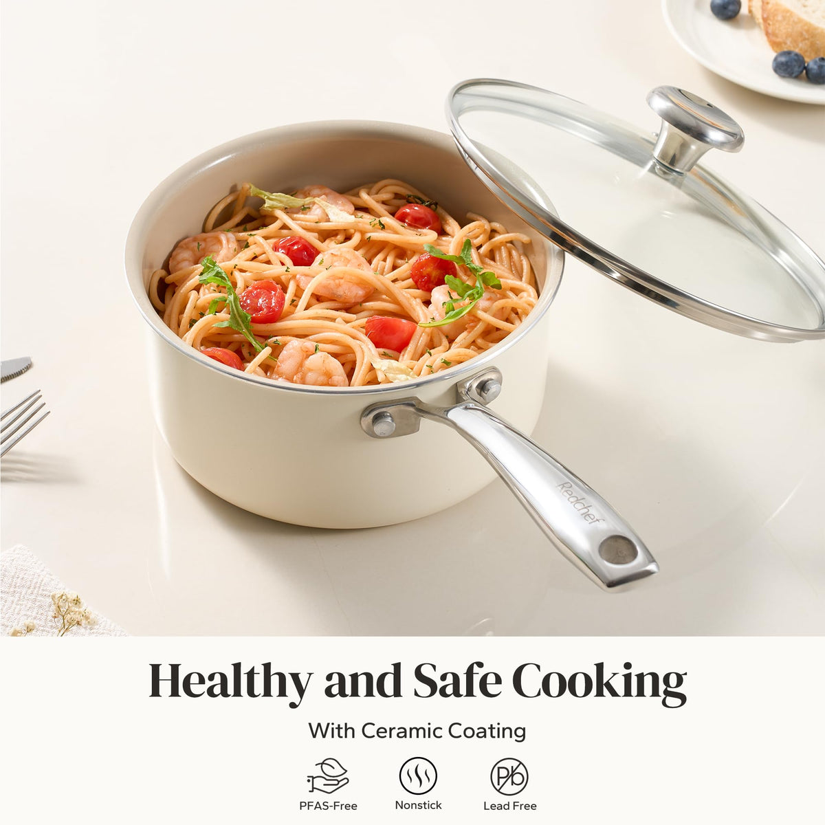 Ceramic Saucepan With Lid & Nonstick Interior