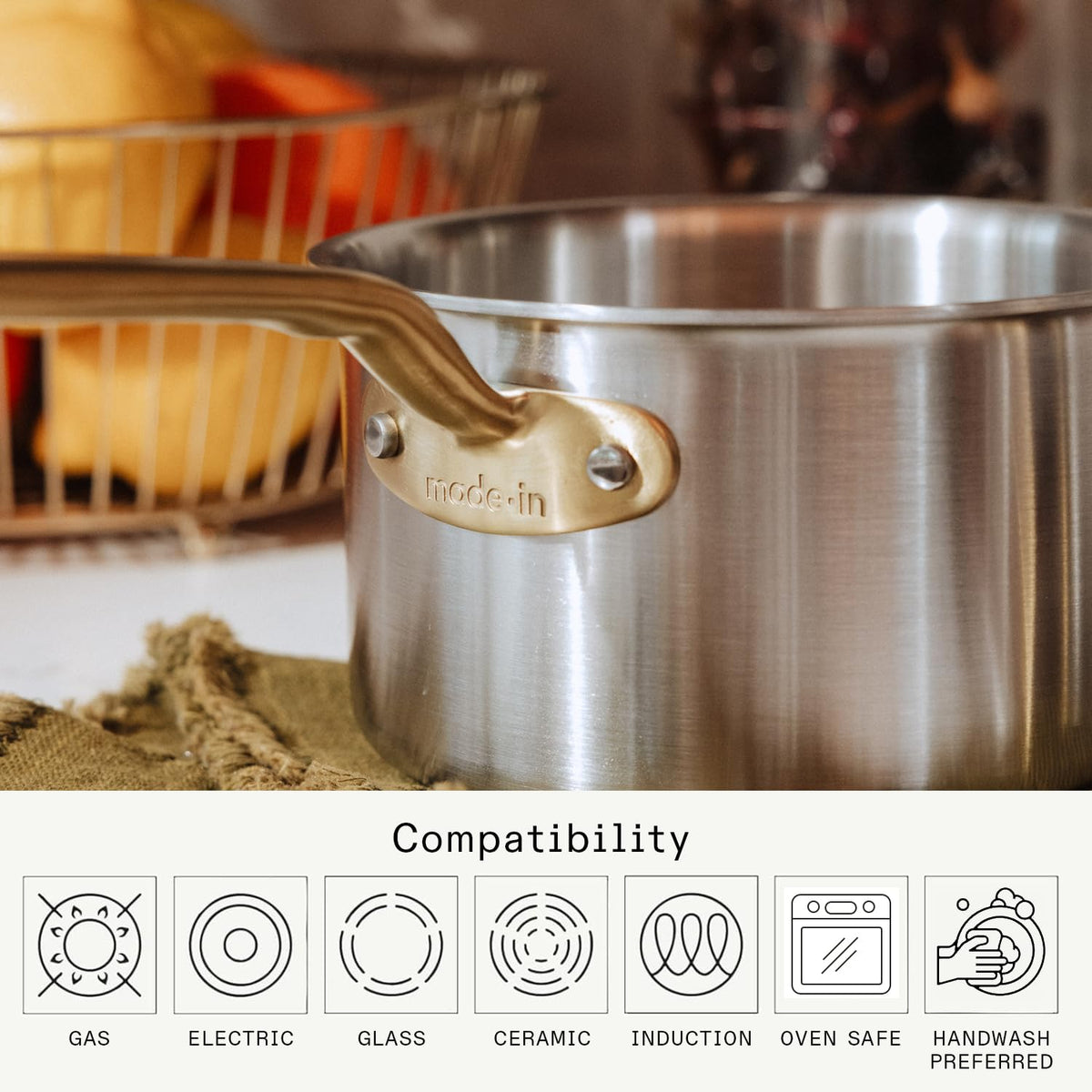Stainless Steel Saucepan With Antique Brass Handle