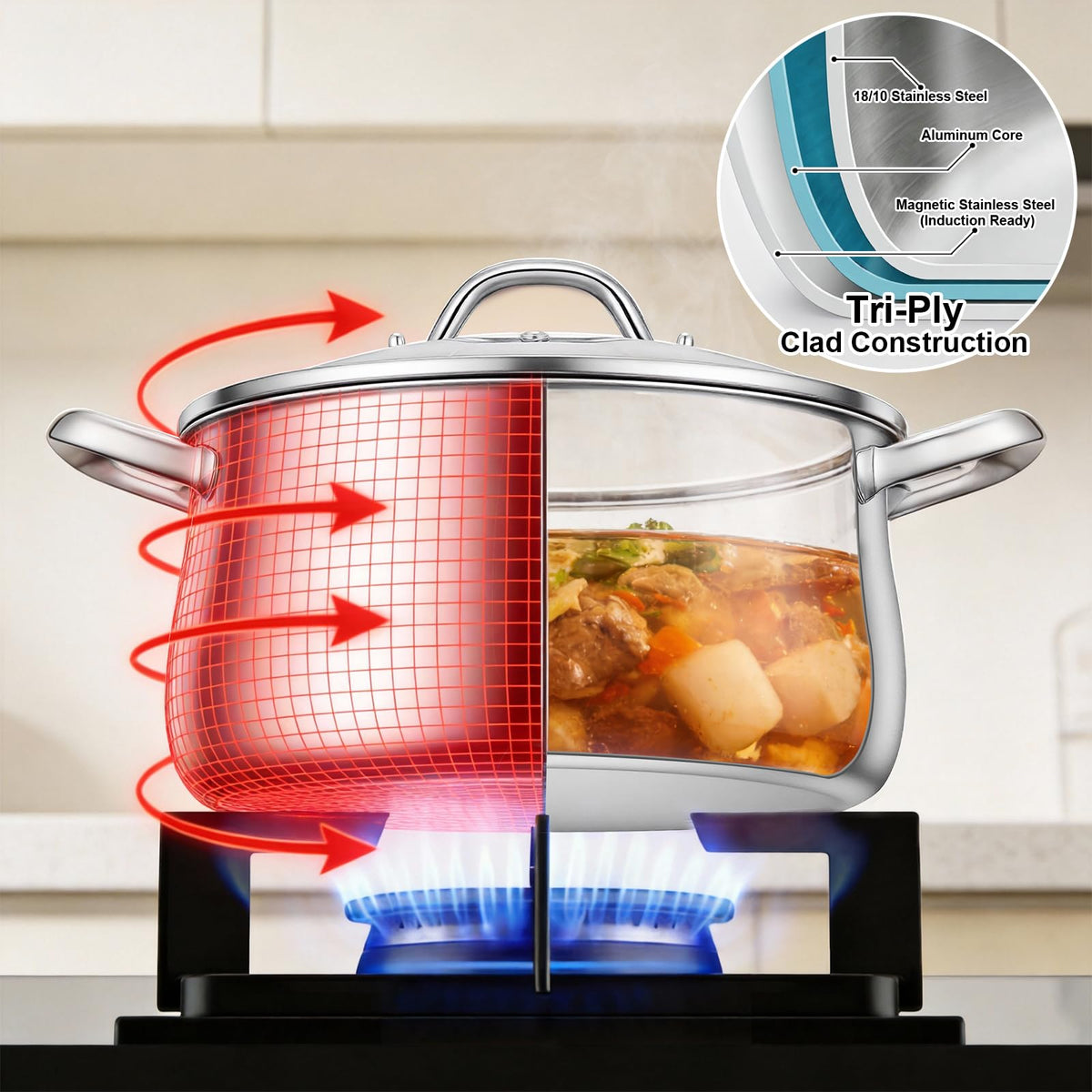Tri-Ply Stainless Steel Stock Pot With Induction Base
