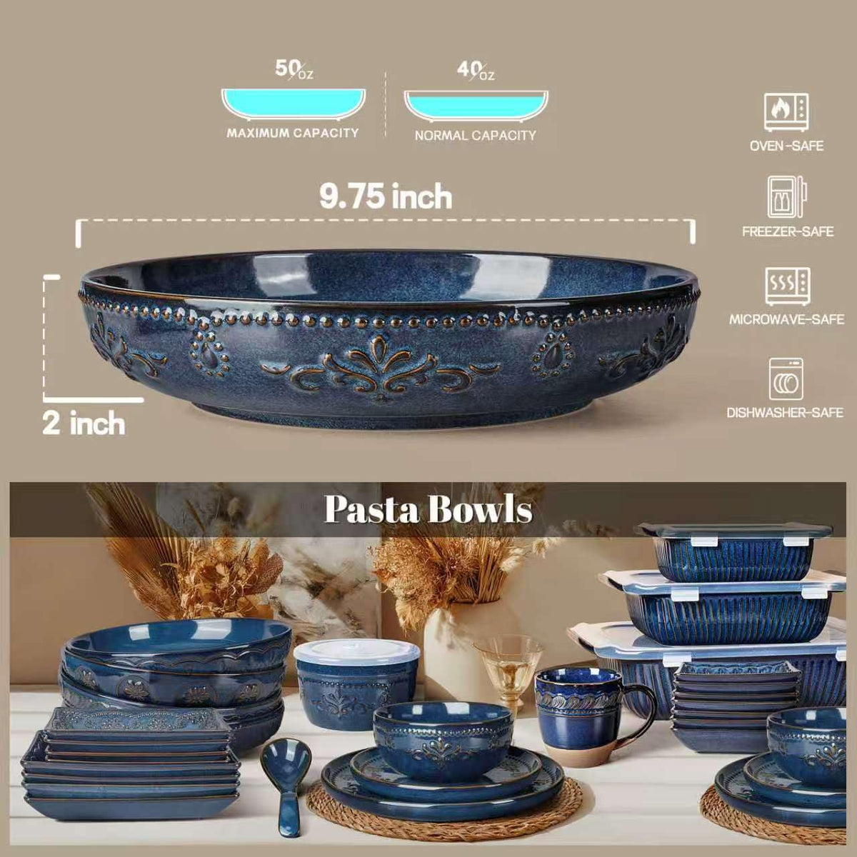 Ceramic Pasta Bowl Set With Embossed Detail