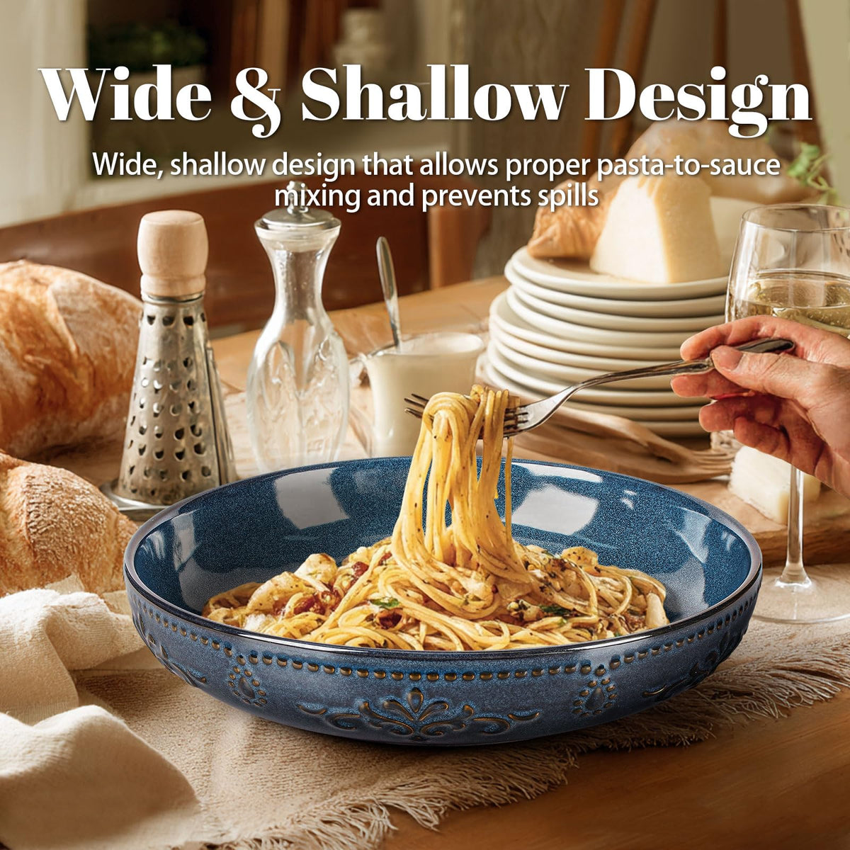 Ceramic Pasta Bowl Set With Embossed Detail
