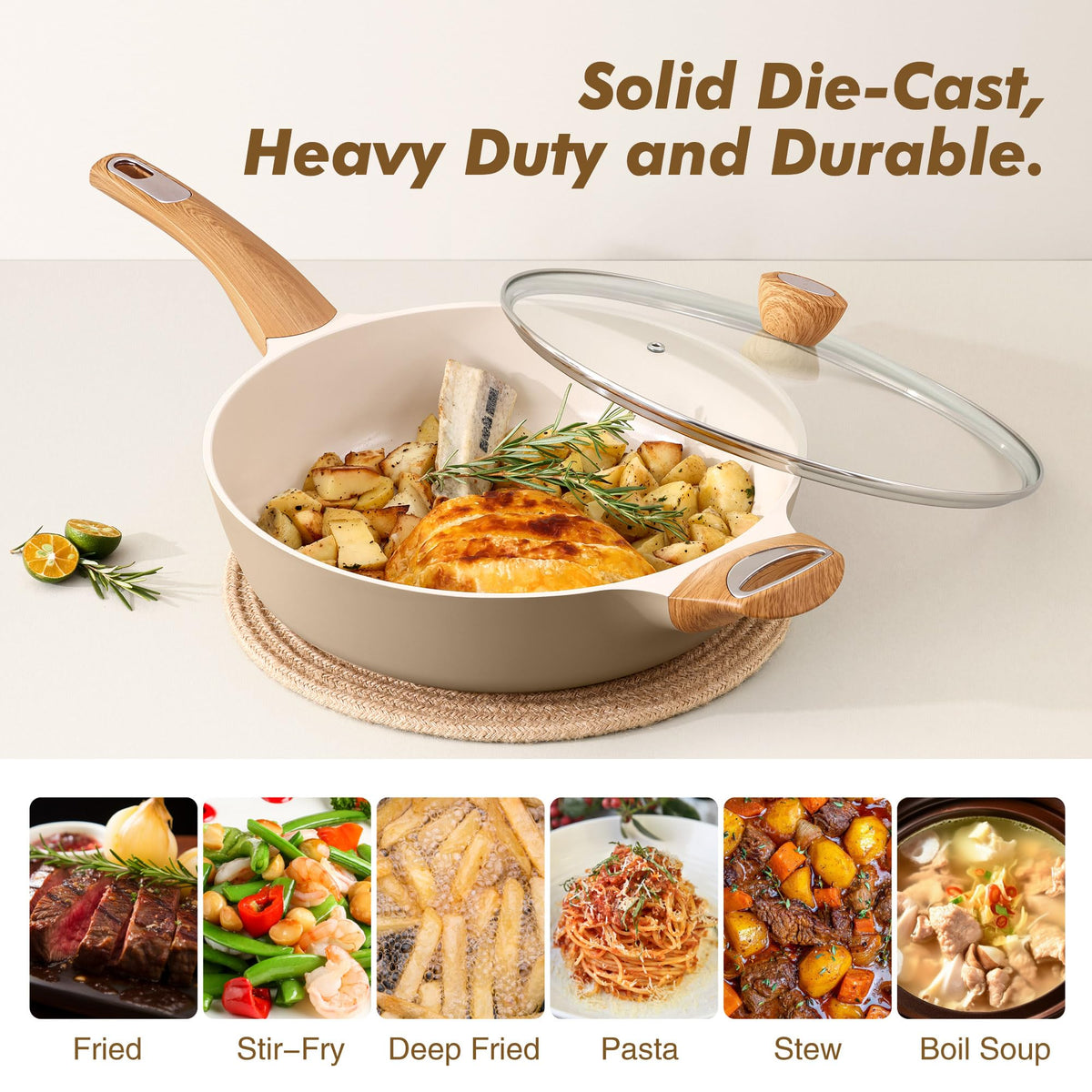 Ceramic Deep Frying Pan With Lid & Helper Handle