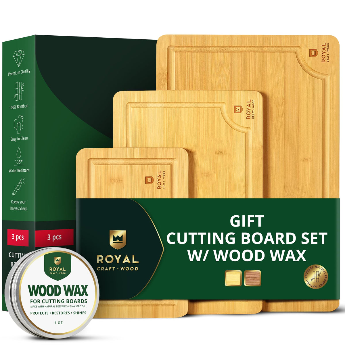 Bamboo Cutting Board Set With Deep Juice Grooves
