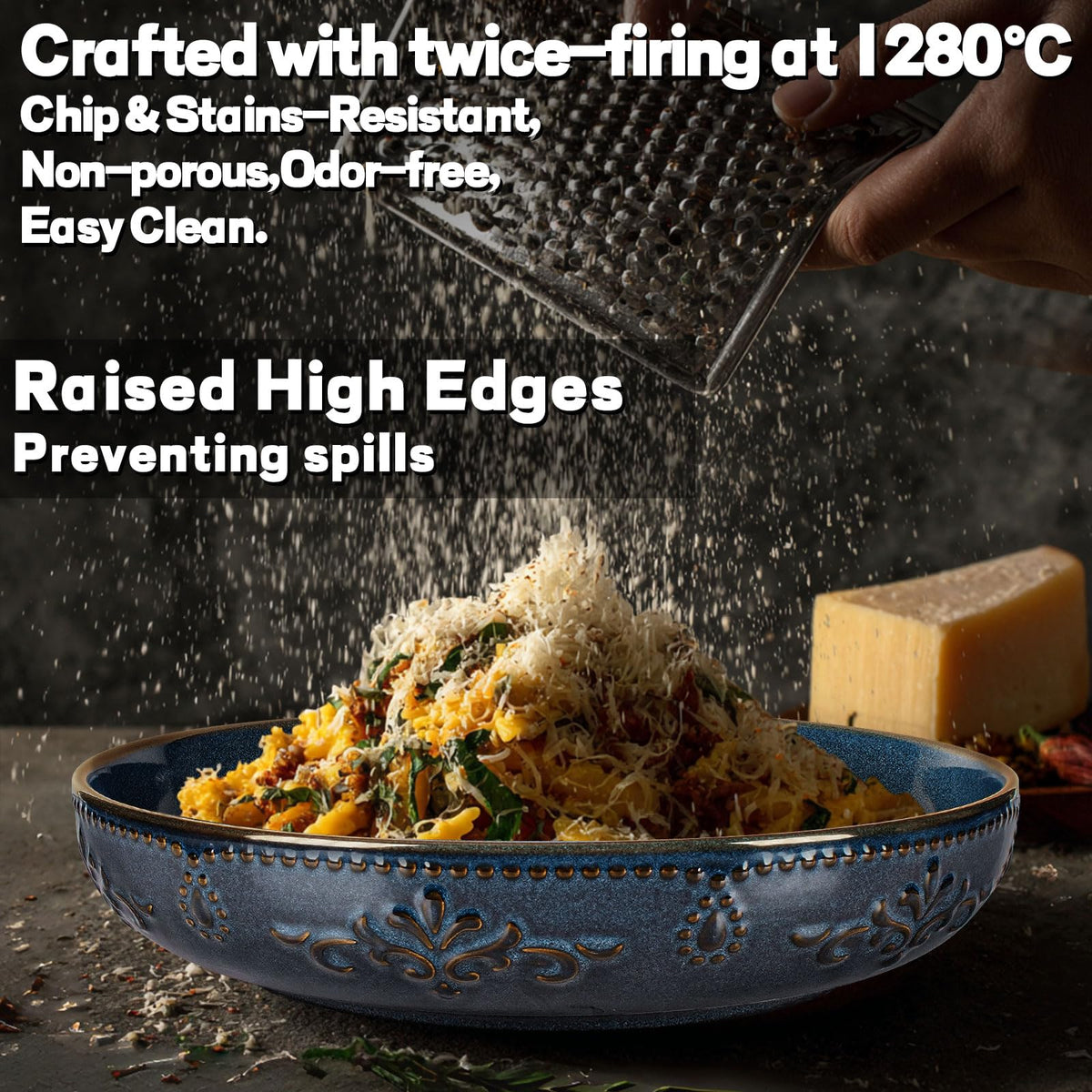 Ceramic Pasta Bowl Set With Embossed Detail