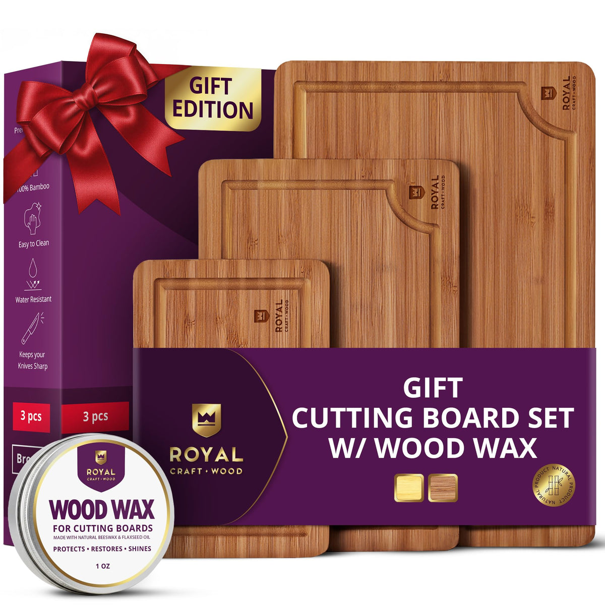 Bamboo Cutting Board Set With Deep Juice Grooves
