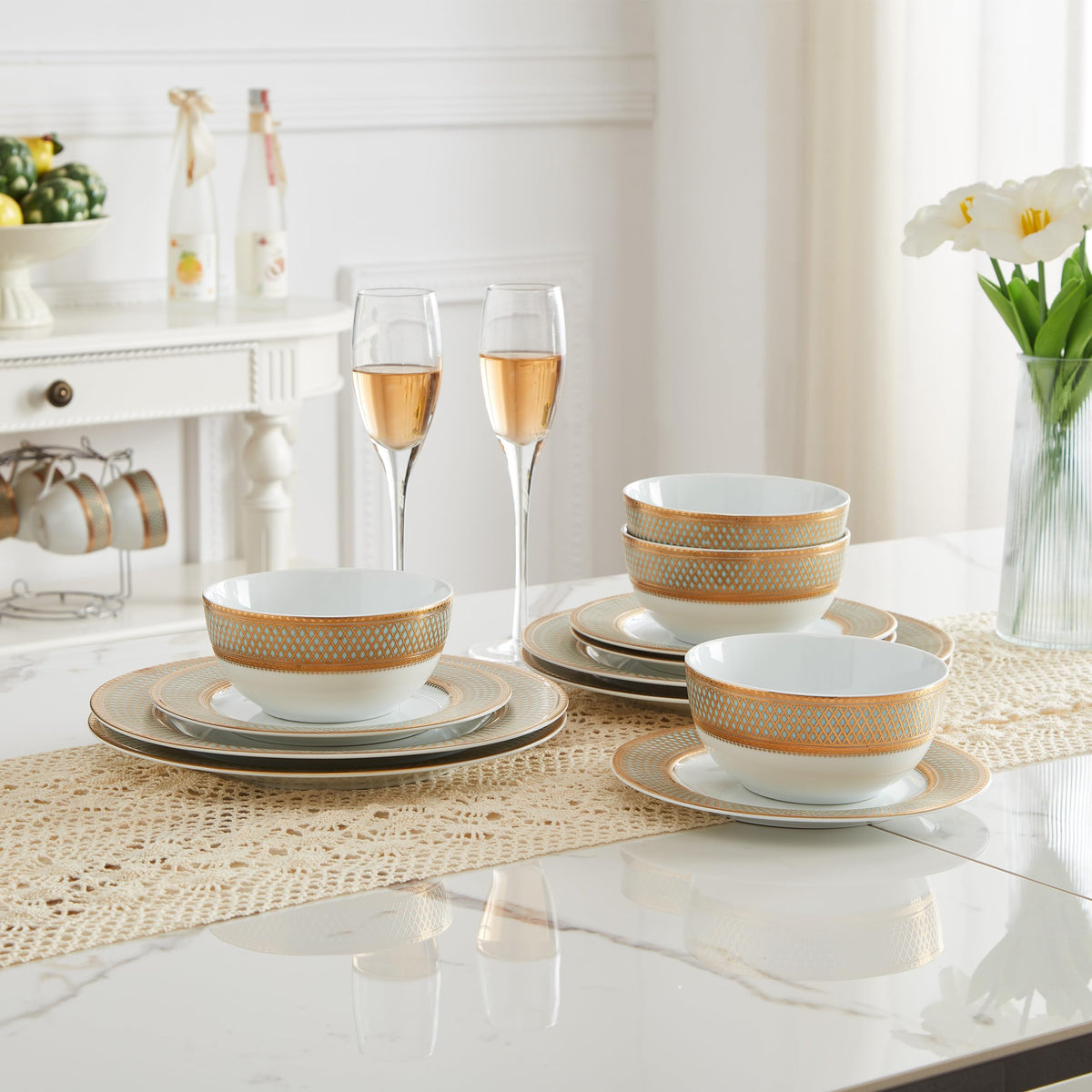 Porcelain Dinnerware Set With Vintage Gold Trim