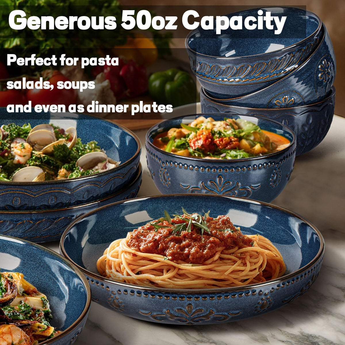 Ceramic Pasta Bowl Set With Embossed Detail
